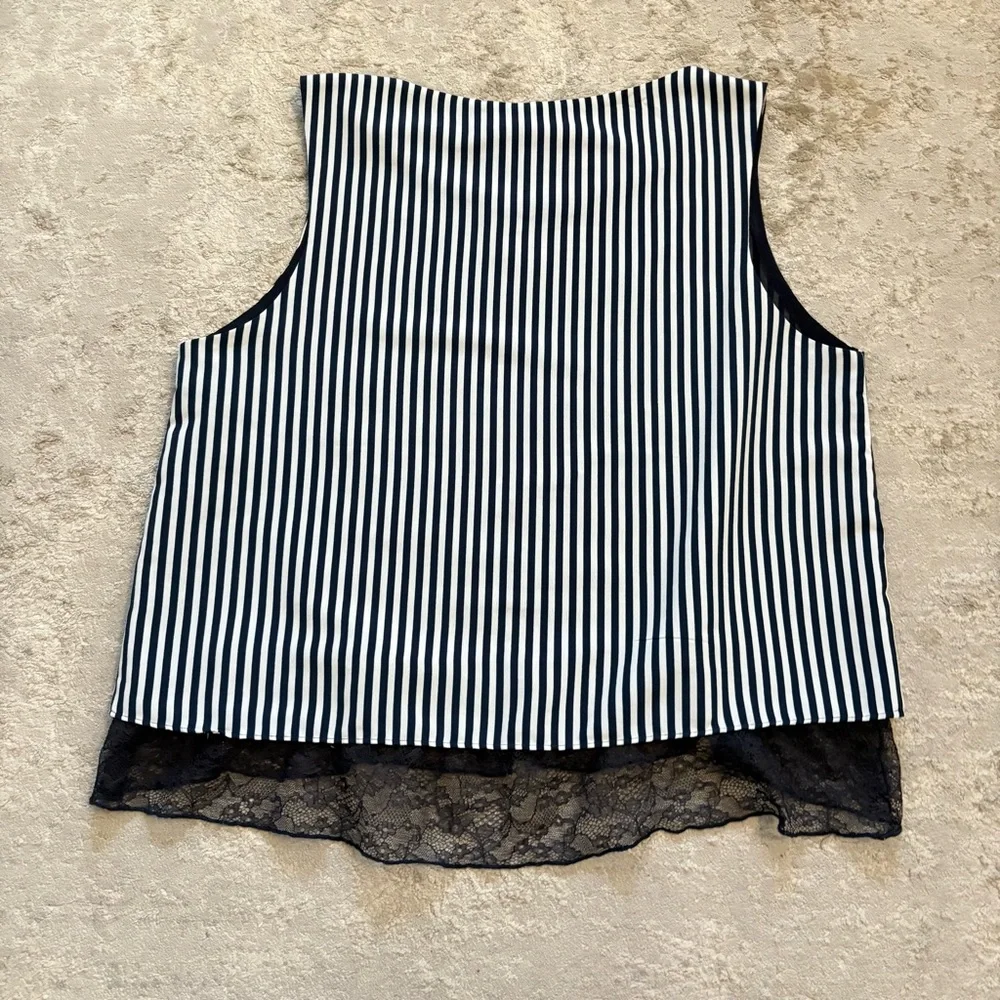 Zara Navy & White Striped Sleeveless Top With Lace Hem Size Medium - Picture 5 of 5